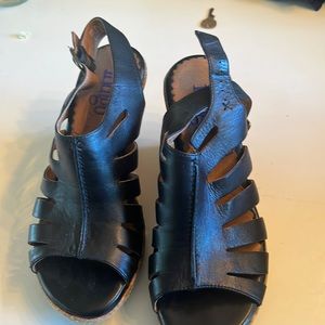 Clarks Indigo black leather cork wedges, size 8